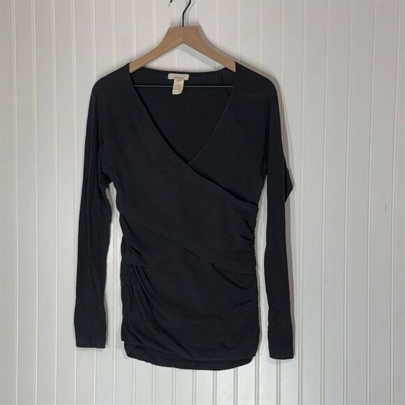 Sundance Black Wrap Long Sleeve Ruched Top M Cotton Stretch Minimalist Boho - Picture 1 of 8